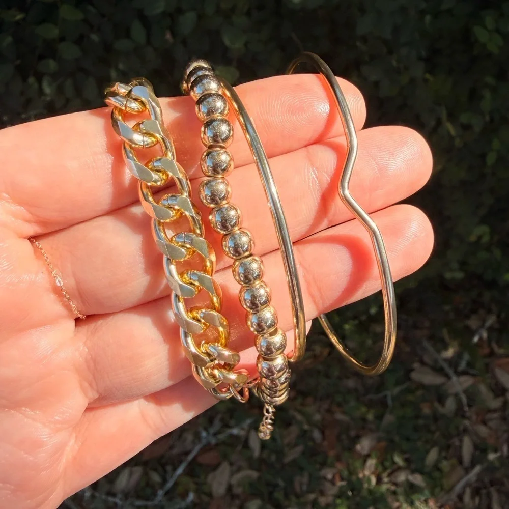 Four 4 Bracelets Set Gold
